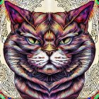 Colorful Cat Illustration with Mandala Designs and Green Eyes