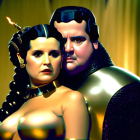 Stylized 3D illustration of male and female characters in futuristic warrior attire on yellow backdrop