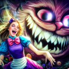 Colorful illustration of smiling woman and furry creature in a whimsical scene