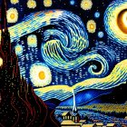 Stylized painting with swirling skies and celestial bodies