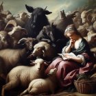 Young girl with flock of sheep in serene pastoral scene