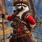 Anthropomorphic raccoon pirate with tricorne hat and cutlass on ship