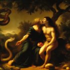 Famous biblical scene: Adam, Eve, serpent, apple