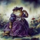 Anthropomorphic toad in purple dress and hat with cane and small toad in nature scene