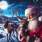 Santa Claus and reindeer under moonlit winter sky