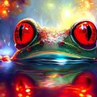 Colorful digital artwork: Frog with red eyes in cosmic setting