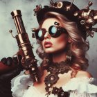 Steampunk woman with ornate goggles and top hat in Victorian attire