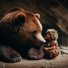 Child in furry outfit with brown bear in cave setting