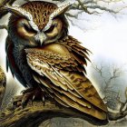 Detailed Illustration: Majestic Owl on Winter Tree Branch