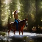 Young woman with red hair riding chestnut horse in sunlit forest stream