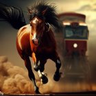 Chestnut horse galloping beside vintage train under dramatic sky