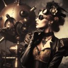 Steampunk-themed woman with goggles and gears background.