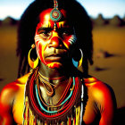 Woman with traditional face paint and jewelry in desert portrait.