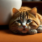 Orange Tabby Cat with Green Eyes Resting on Orange Surface