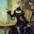 Anthropomorphic cat in Victorian dress with raised paw next to a table with a skull