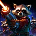 Stylized raccoon with futuristic gun in cosmic scene