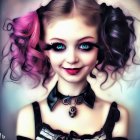 Portrait of girl with violet curly hair, flower, bows, dramatic makeup, and gothic attire.