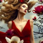 Woman in Red Dress Surrounded by Blooming Magnolias and Blue Sky