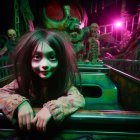 Child with glowing green eyes in spooky amusement park ride with eerie dolls and green lighting.