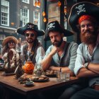 Three bearded pirates in tricorn hats dining in a tavern setting