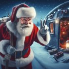 Santa Claus with peace sign in snowy landscape beside futuristic submarine.