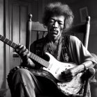 Monochrome photo of person with afro holding electric guitar on wooden chair