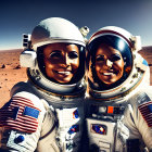 Two astronauts in spacesuits on Mars-like terrain pose for a photo