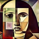 Vibrant cubist-style portrait of woman with geometric shapes