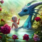 Toddler with blue dragon in lush garden pond