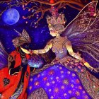 Detailed fairy and mystical creature under moonlit sky with blossoms