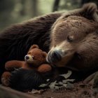 Real Bear and Teddy Bear Together in Forest: Serene Scene