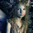 Female fairy fantasy portrait with translucent wings and floral crown in mystical setting.