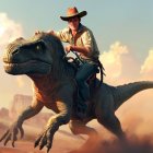 Cowboy riding dinosaur in desert-themed artwork