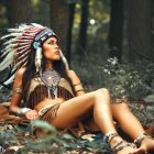 Native American person in headdress in sunlit forest