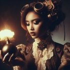 Steampunk woman with ornate accessories holding a mystical sphere.