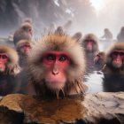 Japanese Macaque Close-Up in Misty Hot Spring