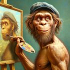 Smiling monkey artist painting on canvas