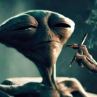 Slender-necked alien with large eyes holding a smoking cigarette