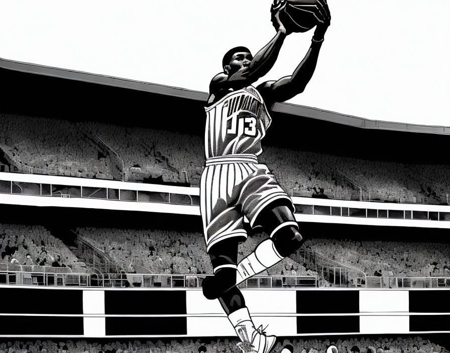 Monochrome illustration of basketball player dunking in stadium