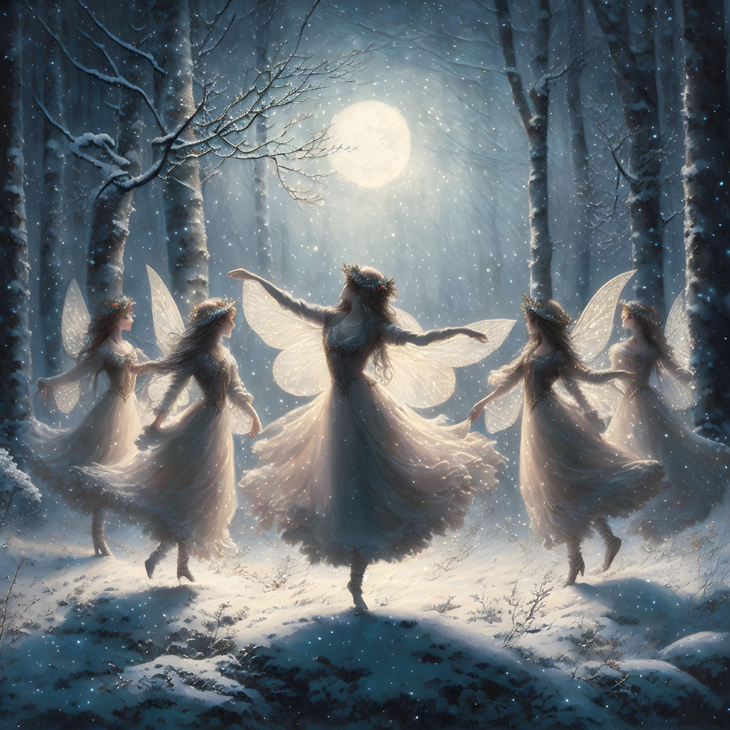 Ethereal fairies dancing in moonlit snowy forest