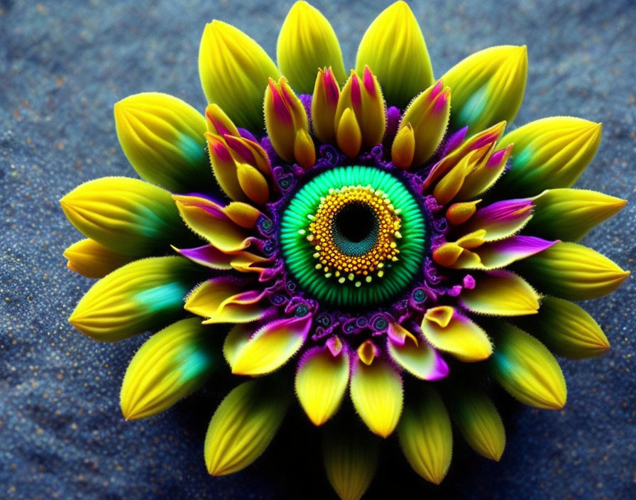 Colorful close-up of a flower with yellow, purple, and blue-green petals.