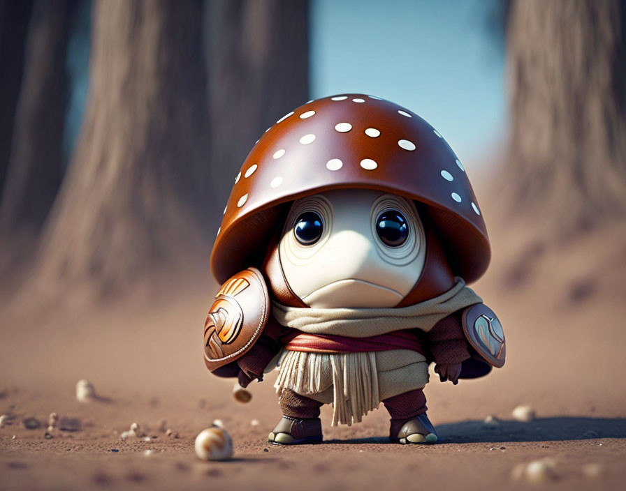 Animated character with mushroom hat, scarf, shield, and sword in forest.