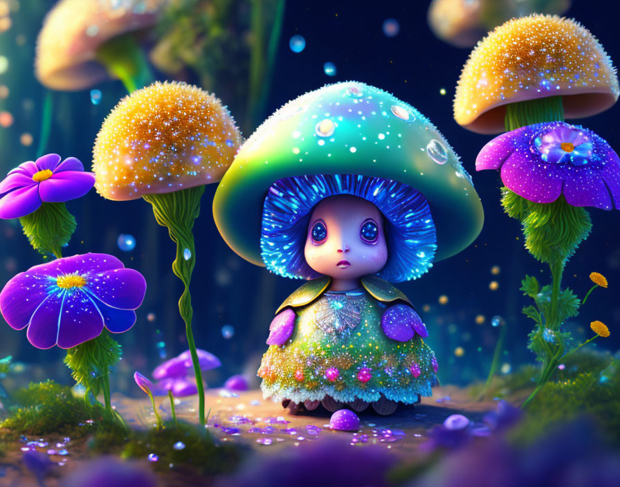 Childlike Character Under Mushroom Cap in Enchanted Forest