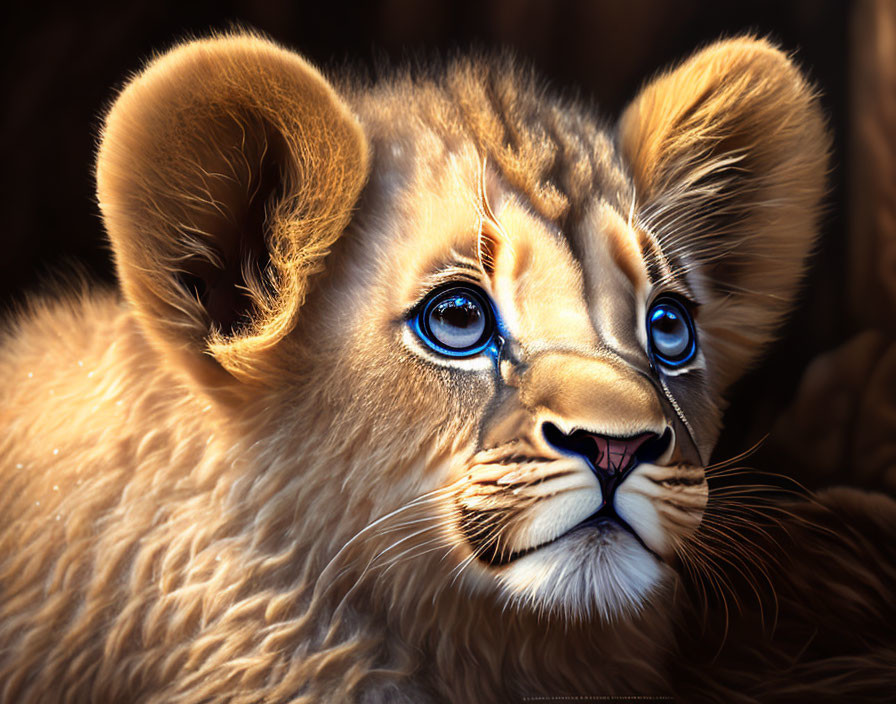 Detailed Illustration of Young Lion Cub with Striking Blue Eyes