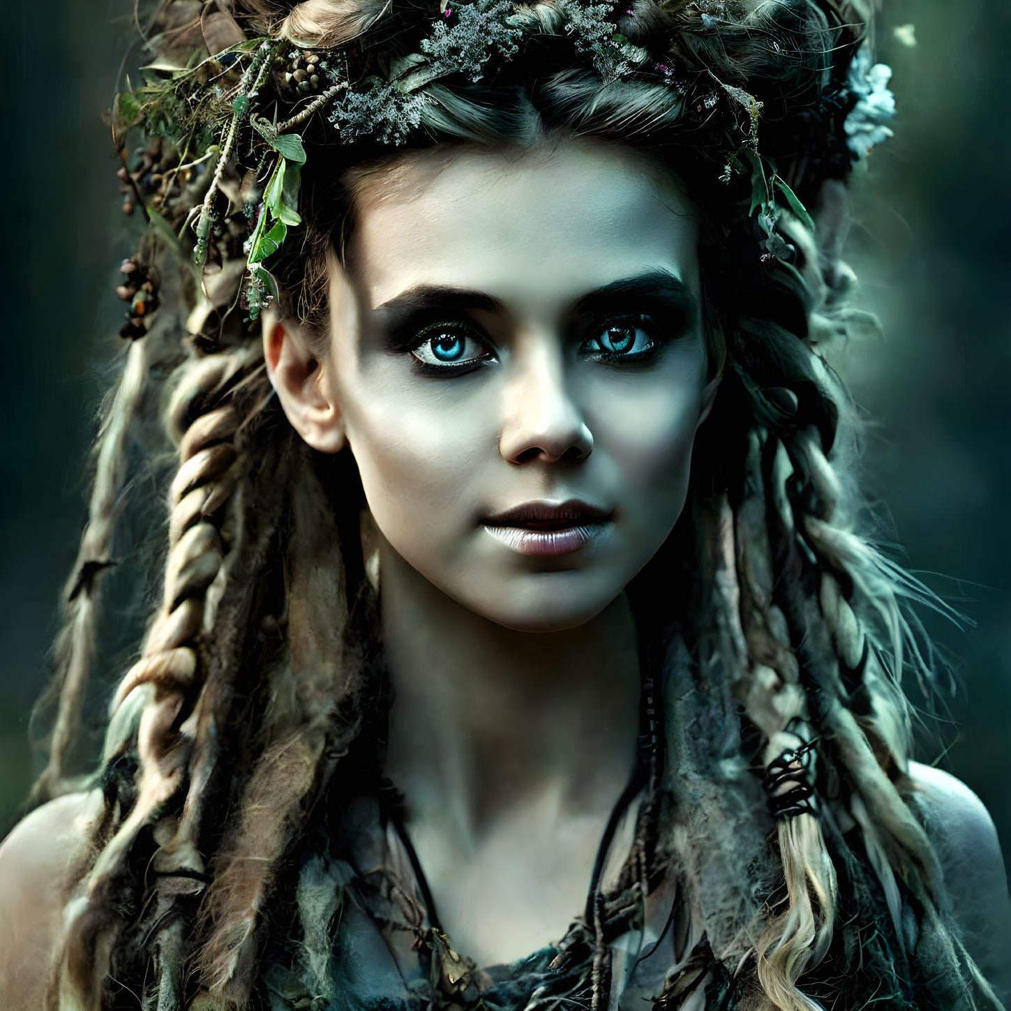 Woman with Striking Blue Eyes Wearing Leafy Crown and Braided Hair