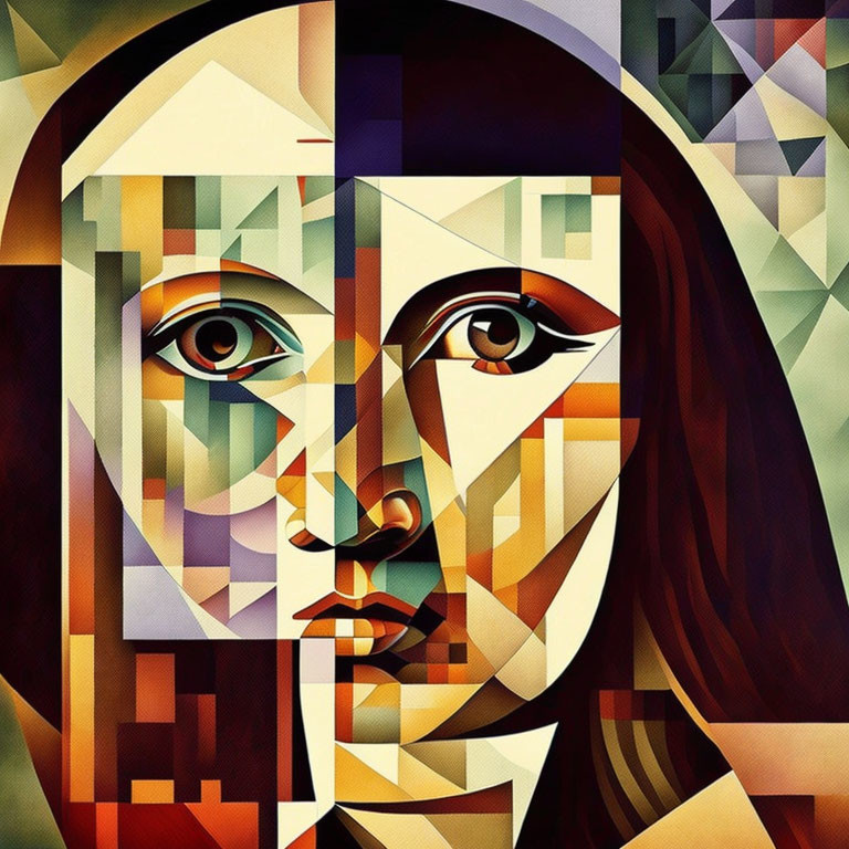 Vibrant cubist-style portrait of woman with geometric shapes