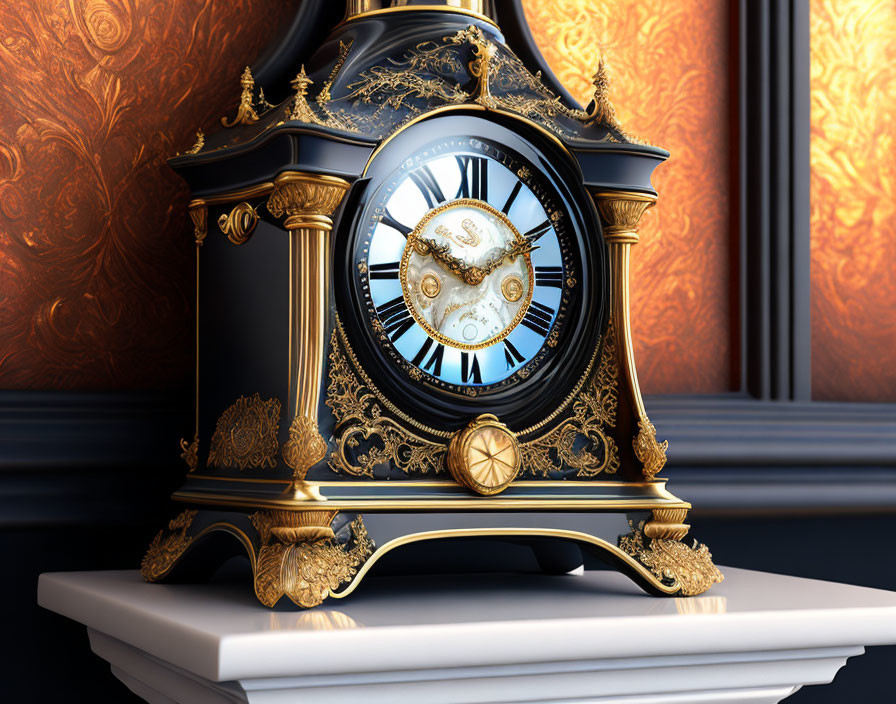 Black and Gold Mantel Clock with Roman Numerals on White Marble Base