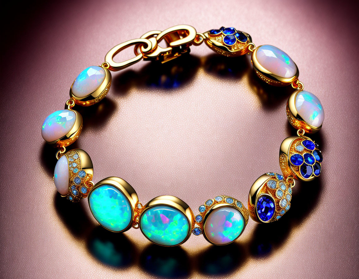 Opal Gemstone Gold Bracelet with Blue Sapphires on Pink Background