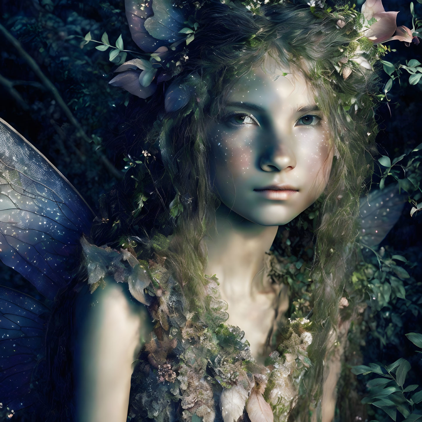 Female fairy fantasy portrait with translucent wings and floral crown in mystical setting.