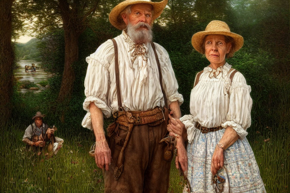 Elderly couple in vintage peasant attire with man by river in background